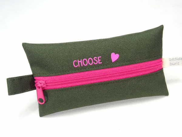Täschchen KHAKI-grün mit Reißverschluß PINK und Herz, TaTüTa Inhalator Kosmetik wetbag, by BuntMixxDESIGN
